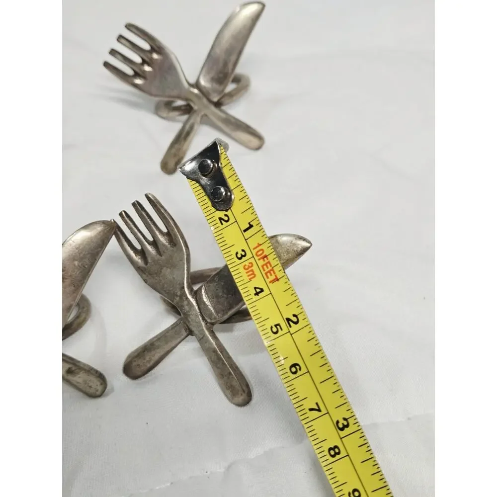 Set of 4 Silver Plated Knife and Fork Napkin Rings Vtg Art Decor Brass Antique